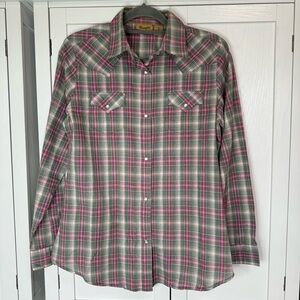 Wrangler Women’s Plaid Western Pearl Snap Button Shirt Pink Green Medium Rodeo